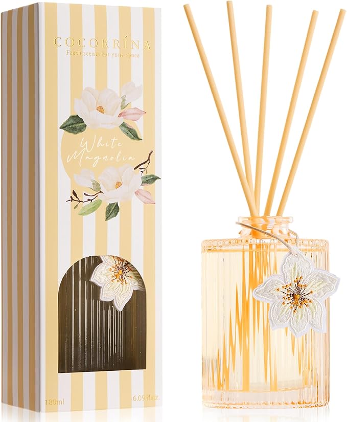 COCORRÍNA Reed Diffuser Set, White Magnolia Oil Diffuser with 8 Reeds & Fruit Charm, 6.09 fl oz Long-Lasting Home Fragrance for Bathroom Bedroom Décor