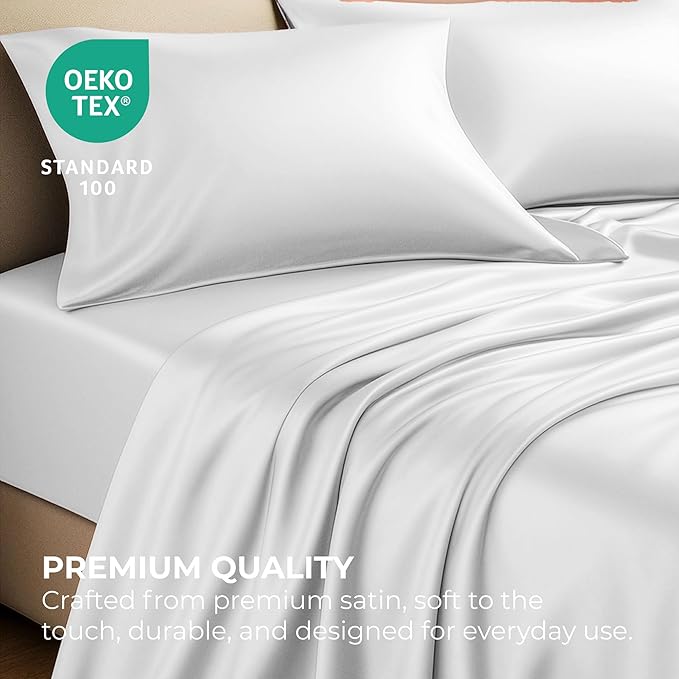 Satin Sheets California King [4-Piece, White] Luxury Silky Bed Sheets - Extra Soft 1800 Microfiber Sheet Set, Wrinkle, Fade, Stain Resistant - Deep Pocket Fitted Sheet, Flat Sheet, Pillow Cases