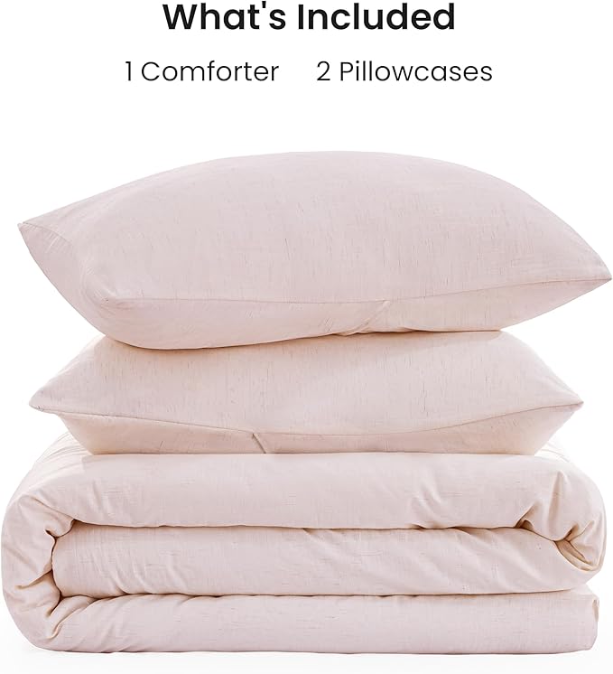 Love's cabin King Size Comforter Set Pink, 3-Piece 90% Polyester 10% Linen Blend Bedding Set, Linen-Look Textured Stripe, Down Alternative All-Season Comforter with Pillow Shams | Soft, Breathable, Lightweight