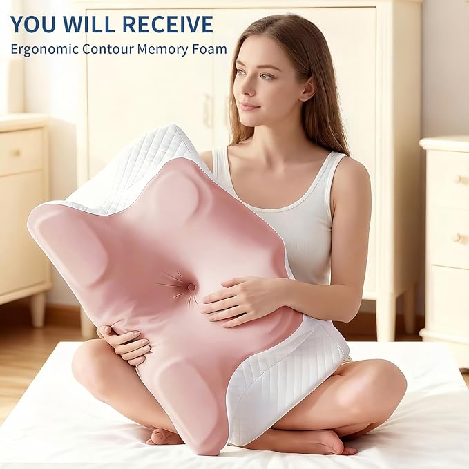 Neck Pillow for Pain Relief, Cooling Cervical Pillow for Sleeping, Contour Orthopedic Memory Foam Pillows for Back Stomach Sleepers (Pink)