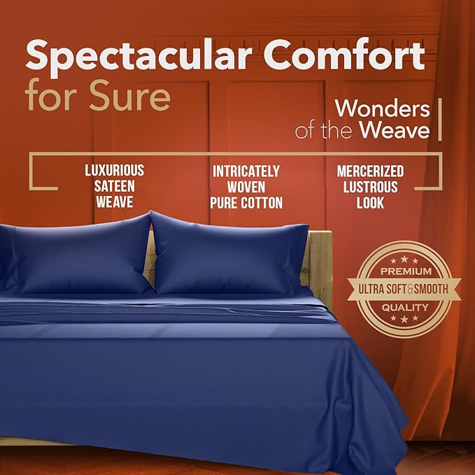 TEXAS LINEN CO. 100% Egyptian Cotton Sheets - Texan Talkin' Collection 600 Series 4 PC California King Size Sheet Set, Cooling, Extra Long Staple Sateen Luxury Bedding, Cal King Sheets - Navy Blue