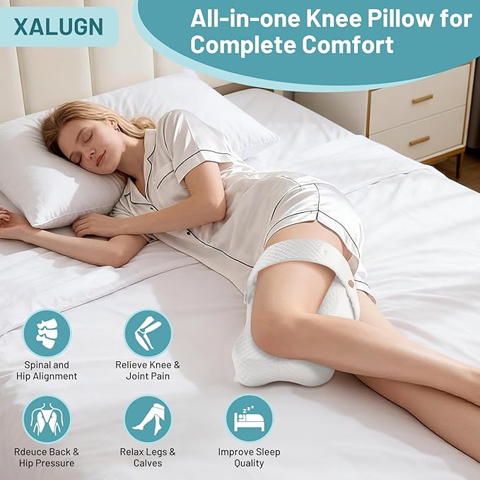 Knee Pillow for Side Sleepers | Spine Alignment & Hip Support with Adjustable Memory Foam, Contour Design & Non-Slip Strap | Cooling, Machine-Washable Cover for Home, Travel & Recovery Support