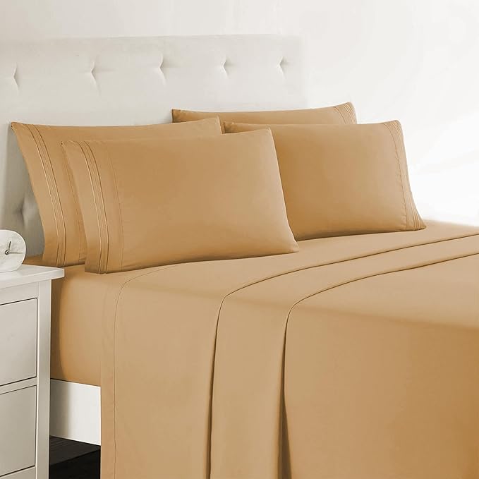 Clara Clark Cal King Sheets, 6 Piece Set - Hotel Luxury Sheets for Cal King Size Bed, Super Soft Bedding Set, Cal King Size, Camel Gold