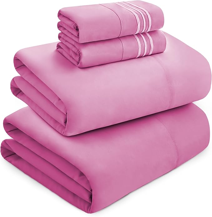 Mocassi Luxury Twin XL 4-Piece Sheet Set - 1800 Premium Hotel Quality - Easy-Fit, Wrinkle, Fade Resistant Bed Sheets and Pillowcases - All Around Elastic Fitted Sheet, Deep Pocket, Light Pink