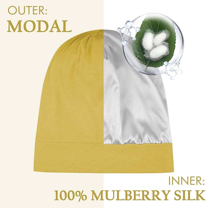OLESILK 100% Mulberry Silk Bonnet for Sleeping Women, Silk Hair Wrap for Sleeping for Women&Men, Real Silk, Not Satin, Yellow