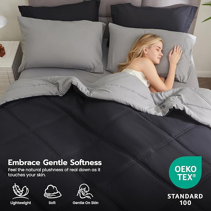 JOIEDOMI King Size Comforter Set with Sheets Black, 7 Pieces King Bedding Set with 1 Down Alternative Comforter, 1 Flat Sheet, 1 Fitted Sheet, 2 Pillowcases and 2 Pillow Shams Bed in a Bag All Seasons