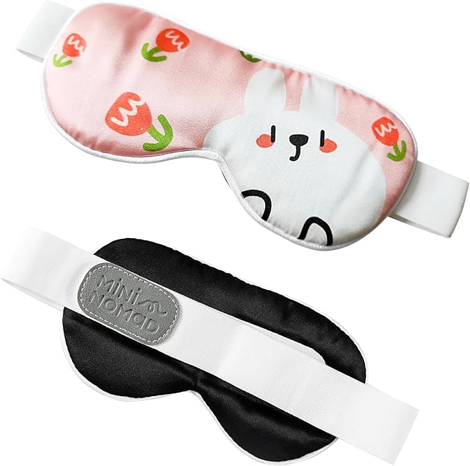 100% Silk Sleep Mask for Kid, Extra Wide Adjustable Velcro Strap, 100% Block Light, Travel Essential for Flight and Roadtrip. Cute Soft Breathable Kids Eye Masks for Sleep Aids. (Bunny, Small)
