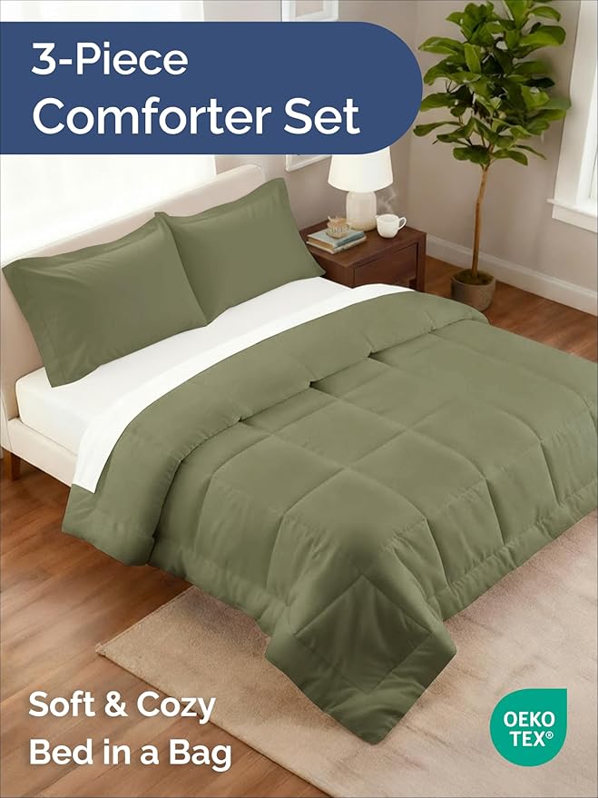 King Comforter Set - 3 Piece Bed Set for All Seasons - 1 Soft Quilted Comforter with Corner Tabs & 2 Pillow Shams - Comfy & Breathable - Premium Down Duvet Insert - Oeko-TEX - King Size, Sage Green