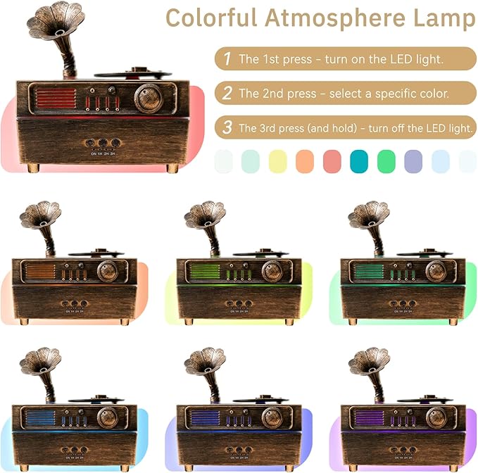 Daroma Essential Oil Diffuser, Retro Phonograph Design with Music Player, 7-Color LED Lights, Low-Noise Aromatherapy Humidifier for Home Office, Unique Gift Idea (Bronze)