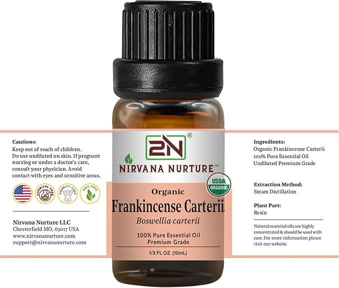 Frankincense Carterii Essential Oil, USDA Certified Organic, 100% Pure Undiluted, Aromatherapy Oil for Diffuser, Hair & Skin Care