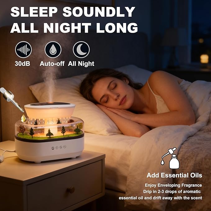 Essential Oil Diffusers, 7-Color Rainfall Cloud Diffuser, Silent Rain Lamp Timer Diffusers with Music and Micro Landscape Ultrasonic,Water Drip Sound Diffusers for Bedrooms, Offices, and Hotels