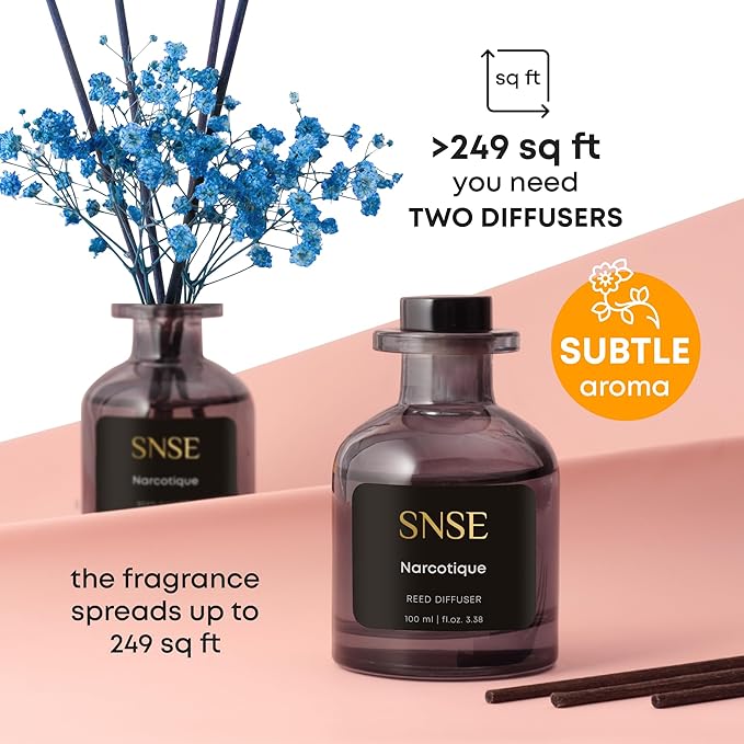 SNSE Narcotique with Flowers Perfumed Reed Diffuser Set | 3.38 oz Scent Fragrance Oil Diffuser for Bedroom, Bathroom, Home Décor and Gift, Decorative Air Fresheners with Sticks