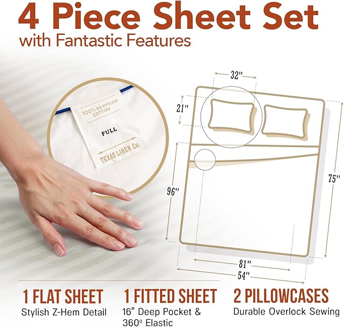 TEXAS LINEN CO. Luxury Egyptian Cotton 4 Piece Full Size Sheet Set - Texan Talkin' Damask 600 Series Deep Pocket Fitted and Flat Sheets, Cooling Extra Long Staple Sateen Hotel Bedding - Ivory Stripe