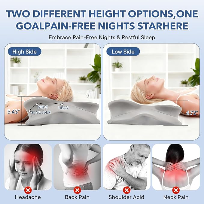 Cervical Pillow for Neck and Shoulder,Contour Memory Foam Pillow,Ergonomic Neck Support Pillow for Side Stomach Back Sleepers with Skin-Friendly Pillowcase (White)