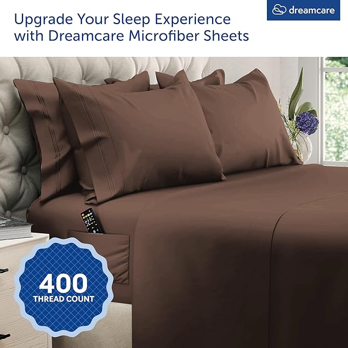 DREAMCARE Queen Sheet Set - 6 pcs Breathable Cooling Bed Sheets - up to 15" Deep Pocket Queen Sheets Set with Side Pockets - Extra Soft 100% Brushed Hypoallergenic Hotel Luxury Bedding -Mocha Brown