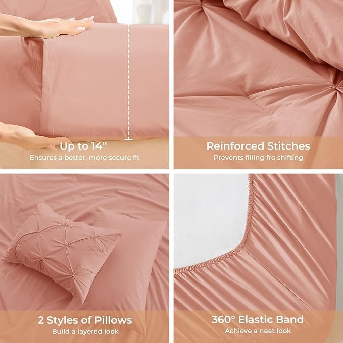 Sasttie Full Size Comforter Set, 7-Piece Bed in a Bag Double, Pintuck Bedding Set for All Season, Includes Comforter, Flat Sheet, Fitted Sheet, Pillowcases and Pillowshams, Blush