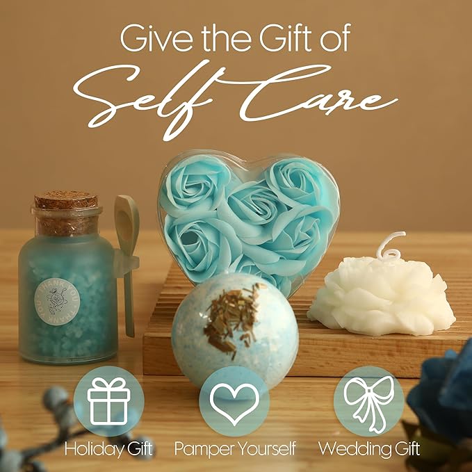 Sea Team 16-Pack Relaxing SPA Gift Set for Women, Valentine Day Gift, Shower Kit with Bath Bomb, Bath Salt, Handmade Soap, Cream, Essential oil, Gift Box Included, Bluebell