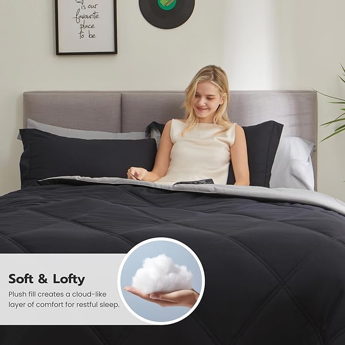 JOIEDOMI King Size Comforter Set with Sheets Black, 7 Pieces King Bedding Set with 1 Down Alternative Comforter, 1 Flat Sheet, 1 Fitted Sheet, 2 Pillowcases and 2 Pillow Shams Bed in a Bag All Seasons