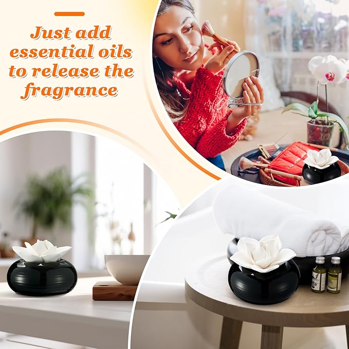 Honeydak 1 Pcs Reedless Ceramic Diffuser Set, Porcelain White Flower Aromatherapy Essential Oil Diffuser for Home Office Bathroom Tabletop Decor, Non-Electric, Valentines Day Gift (White Lotus)
