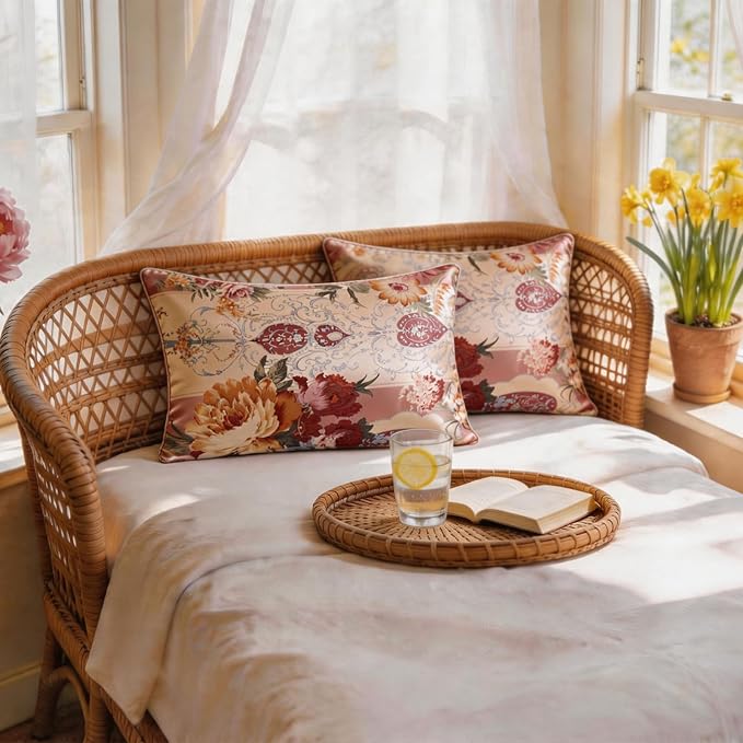 100% Mulberry Silk Pillowcase for Hair and Skin Care, Envelope Closure, Natural &Vintage Floral Printed Cooling & Slip Silk Pillow Case, Both Sides Soft Breathable, Queen Size, 1 Pack (Brown)