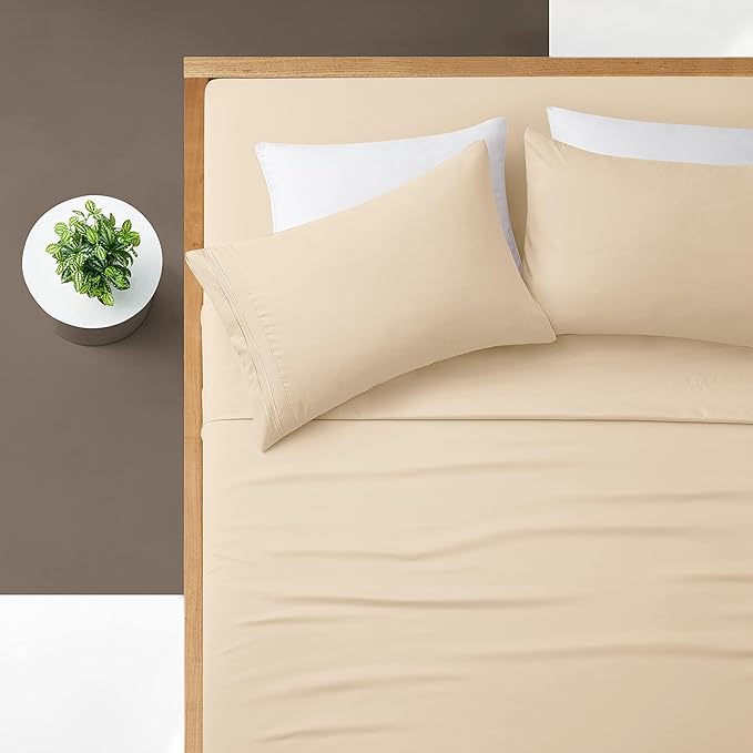 Manyshofu Extra Deep Pocket Twin Sheets Set - Hotel Luxury 1800 Thread Count Sheets & Pillowcases - Kids Bedding Set up to 24" Mattress - Light Beige Bed Sheets 18-24 Inch Deep Pockets - 3 Piece