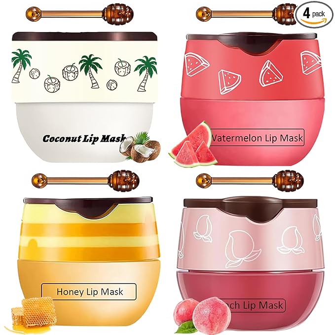 4 PCS Bee Lip Balm Honey Pot, Honey Coconut Watermelon Peach Sleeping Lip Mask Overnight with Sticks, Exfoliating Prevention Dry and Crack Lip Scrubs