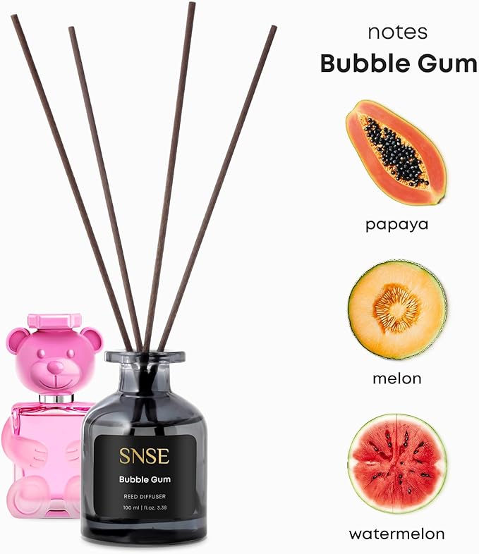 SNSE Bubble Gum Reed Diffuser Set | 3.38 oz Scent Fragrance Oil Diffuser for Bedroom, Bathroom, Home Décor and Gift, Decorative Air Fresheners with Sticks