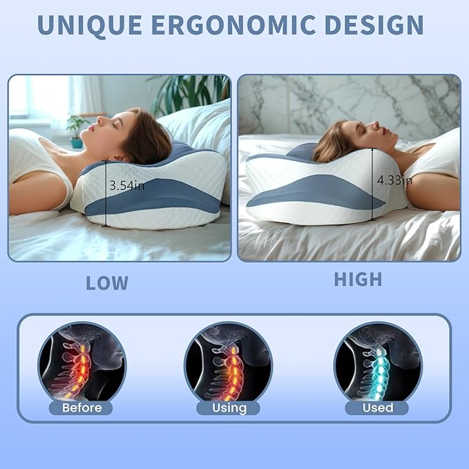 Memory Foam Cervical Pillow - Cooling Side Sleeper Pillow for Sleeping, Ergonomic Memory Foam Pillows for Neck Support, Contour Orthopedic Bed Pillow for Back Stomach Sleepers (Blue)