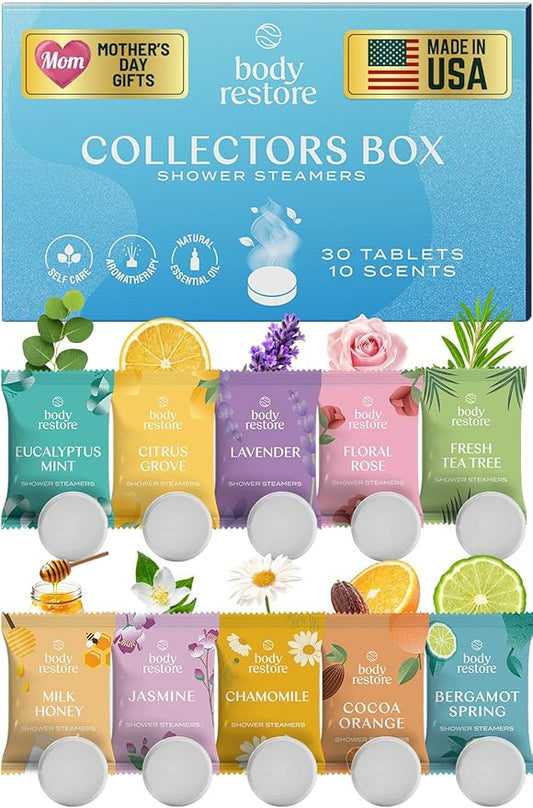 Body Restore Shower Steamers Aromatherapy 30 Pack – Mothers Day Gifts for Mom, Birthday Gifts for Women and Men, Relaxation Stress Relief Self Care – Collectors Box