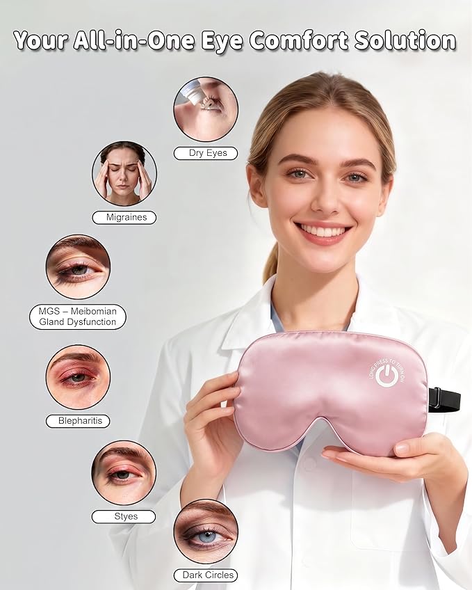 Heated Eye Mask for Dry Eyes (Pink) - USB Rechargeable Eye Warmer with 100% Pure Mulberry Silk, FSA- HSA Eligible, Eye Relief, Improved Sleep, 22 Momme Cordless Warm Compress for Beauty Sleep