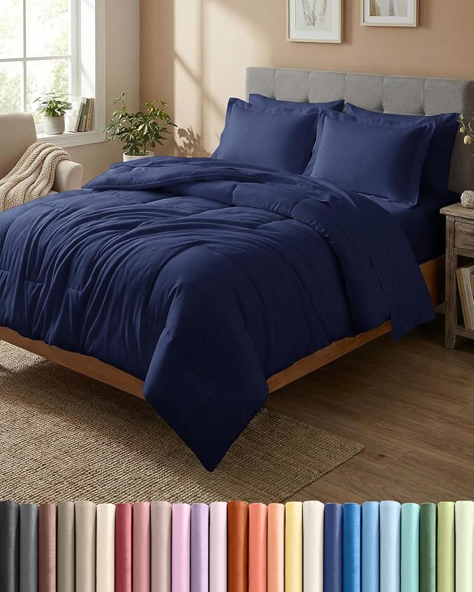 Full Comforter Set - 7 Piece Bed in a Bag Full Size Bed Set - Down Alternative Comforter, Flat Sheet, Fitted Sheet, Pillowcase & Shams for All Seasons - Ultra Soft, Comfy and Breathable - Navy Blue