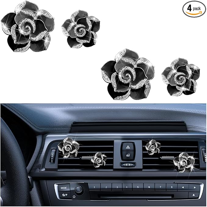 4PCS Bling Car Air Vent Clips, Flower Shiny Rhinestone Clip-on Vehicle Air Outlet Clamp, Sparkly Diamond Auto Interior Vent Decoration Clip, Universal for SUV Automobile Truck (Black)