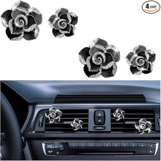 4PCS Bling Car Air Vent Clips, Flower Shiny Rhinestone Clip-on Vehicle Air Outlet Clamp, Sparkly Diamond Auto Interior Vent Decoration Clip, Universal for SUV Automobile Truck (Black)