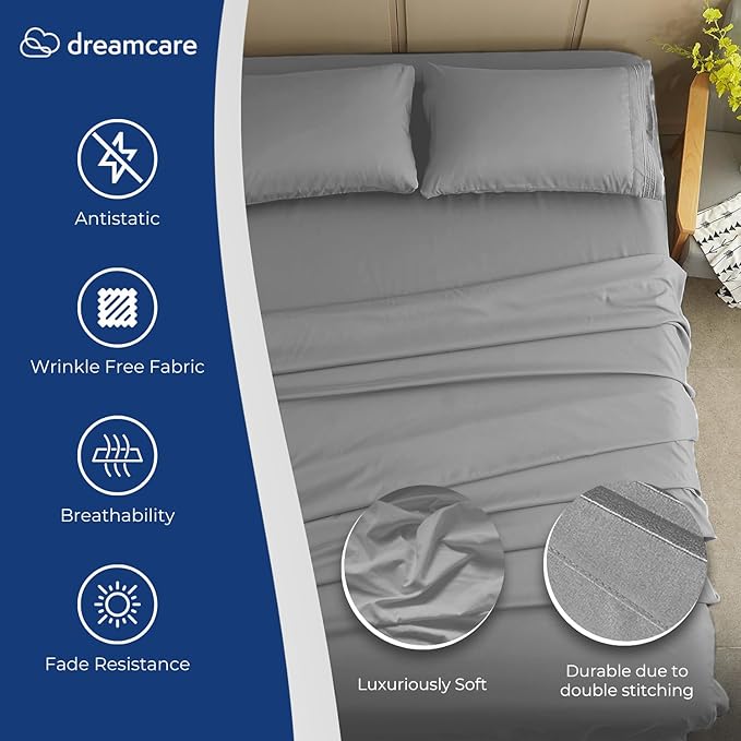 DREAMCARE Twin XL Sheet Sets - 4 pcs Breathable Cooling Bed Sheets - up to 15" Deep Pocket Twin XL Sheets Set with Side Pockets -Extra Soft 100% Brushed Hypoallergenic Hotel Luxury Bedding -Light Gray