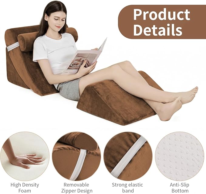 4PCS Orthopedic Bed Wedge Pillow Set for Post Surgery&Pain Relief,Adjustable Wedge Pillow for Back,Acid Reflux,Sitting up in Bed,Recovery,Snoring,Body Pillow for Sleeping (Brown)