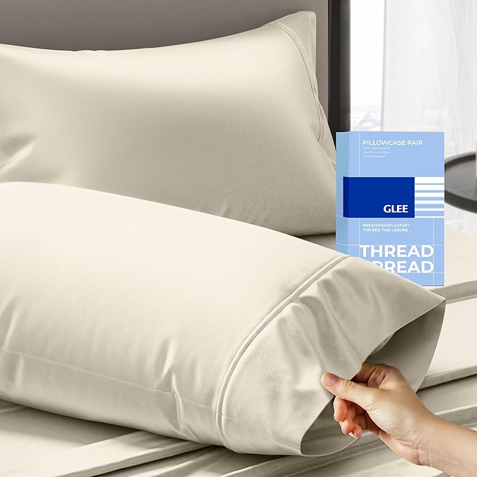 Thread Spread 100% Cotton King Size Pillow Cases Set of 2 - Luxury 400 Series Glee Collection Pillow Cases King Size (Ivory), Soft Cooling Breathable & Durable Sateen Hotel Cotton Pillowcases