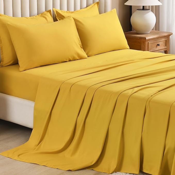 Litanika Comforter King Size Set Mustard Yellow - 7 Pieces Bed in a Bag King Bedding Comforter Sets, Plain Lightweight Bed Set with Comforter, Sheets, Pillowcases & Shams