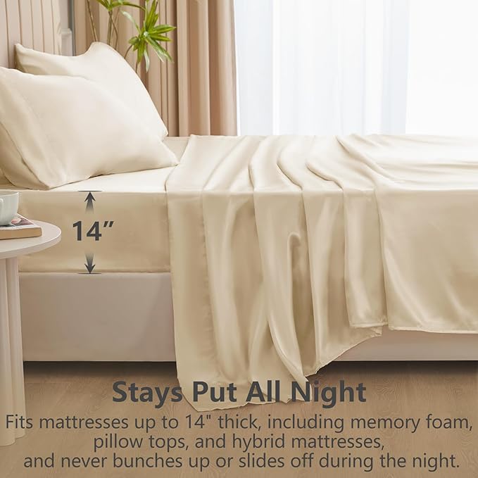 CozyLux Satin Sheets Queen Size Bed Set - 4 Piece Silky Queen Sheet Set, Luxury Champagne Queen Sheets with Smooth and Soft Microfiber, Includes 1 Fitted Sheet, 1 Flat Sheet and 2 Pillowcases