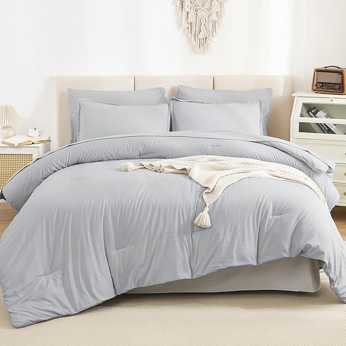 Litanika California King Comforter Set Light Grey - 7 Pieces Bed in a Bag Cal King Bedding Comforter Sets, Plain Lightweight Bed Set with Comforter, Sheets, Pillowcases & Shams