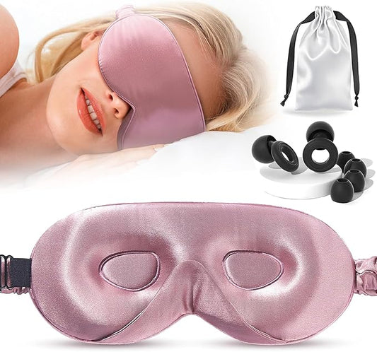 Adjustable Silk Sleep Mask for Custom Comfort | 3D Contour & Blackout Nose Wing | Universal Fit for All Head Sizes | 100% Mulberry Silk Eye Mask for Sleeping | Yueerbao (Bean Pink)