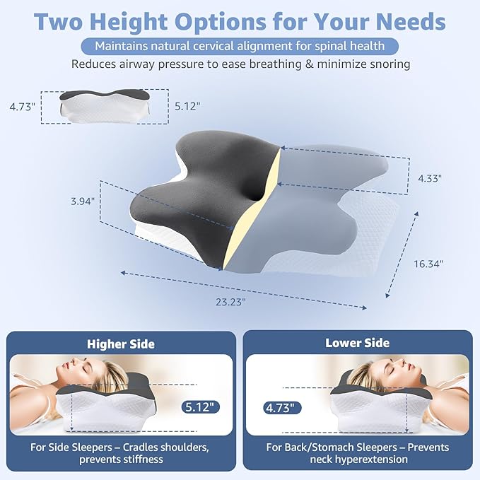 Cervical Pillow for Neck Pain Relief - Ergonomic Contour Memory Foam Pillow with 2 Pillowcases, Orthopedic Neck Support for Side Back Stomach Sleepers