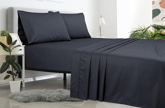 ROYALE LINENS 400 Thread Count 100% American Grown Cotton 4 Piece Sateen King Sheet Set - 1 Fitted Sheet, 1 Flat Sheet, 2 Pillow case - Grey King Bedsheet - Cotton Sheets - (King, Spanish Slate)