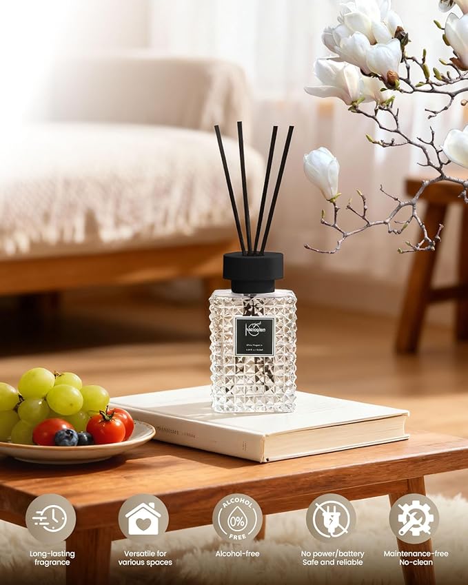 Reed Diffuser Set, White Magnolia Scented Home Fragrance Air Freshener for Bathroom Shelf Decor, 5.07 fl oz/150ml Essential Oil with Sticks