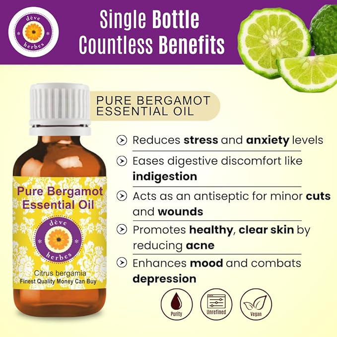 dève herbes Bergamot Mint Essential Oil (Mentha citrata) Pure | Non-Sticky | Non-Greasy | Lightweight | Men & Women | All Skin Types | Steam Distilled 15ml (0.5 oz)