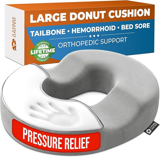 5 STARS UNITED Donut Pillow Hemorrhoid Tailbone Cushion – Large Floor Cushion for Pain Relief – Coccyx, Prostate, Sciatica, Pelvic Floor, Pressure Sores, Pregnancy, Postpartum Recovery, Light Gray