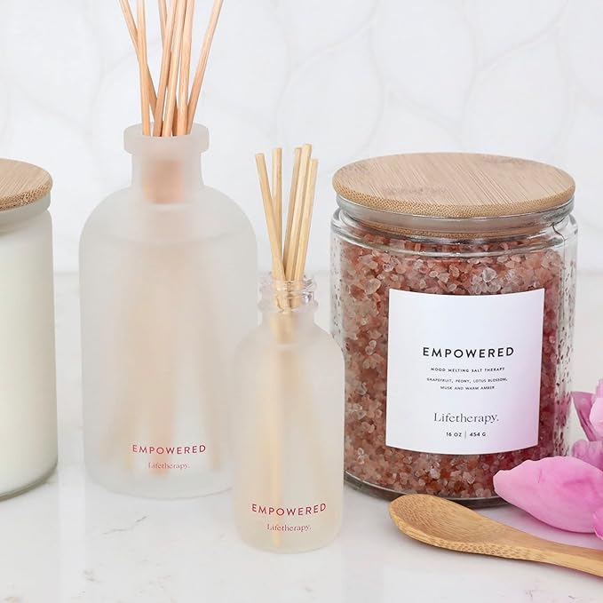 Lifetherapy - Empowered - Mini Reed Diffuser w/Cap, Mood-Boosting Scent, Natural Essential Oils, Alcohol-Free, Ideal for Home, Office, Travel & Giftable 2oz