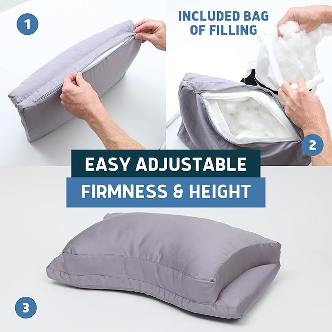 Lunderg Travel-Size Parkin CPAP Pillow for Side & Back Sleepers - Down Alternative with Adjustable Filling, 100% Cotton Case & Travel Bag Included - Reduce Mask Leaks & Pressure - Works with All Masks