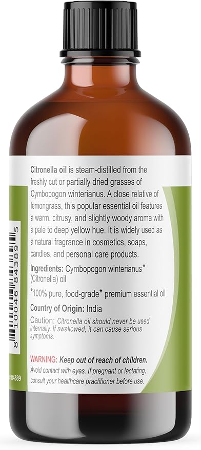 Viva Doria Citronella Essential Oil, 100% Pure, Natural Citronella Essential Oil, Undiluted, for Aromatherapy | Food Grade, 118 mL (4 Fluid Ounce)