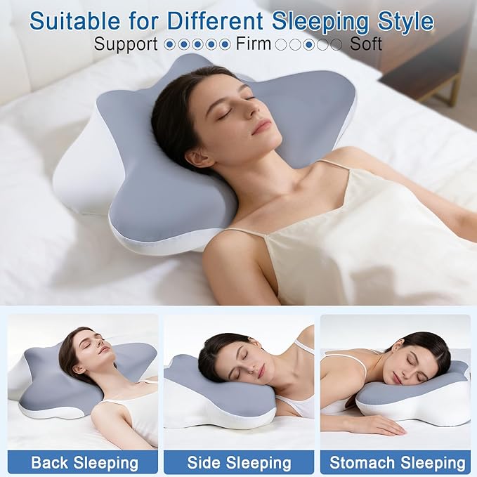 Butterfly Cervical Pillow, Memory Foam with Dual Height (11cm/13cm), Skin-Friendly Breathable Fabric, Ergonomic Neck Support for Sleep Relief Grey &White