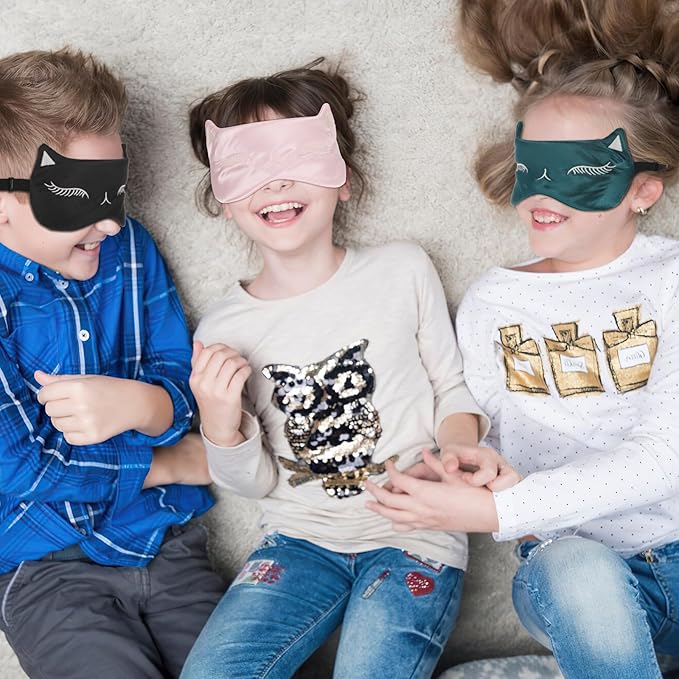 Cute Cat Silk Satin Eye Mask - 3Pcs Women's Blackout Blindfold with Elastic Strap - Travel Eye Mask (3 Colors)